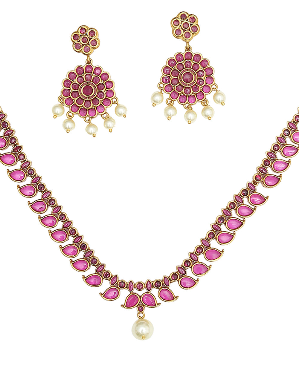 Women's Paisley And Floral Motifs Cz And Faux Pearls Brass Gold Plated Jewellery Set - Voylla