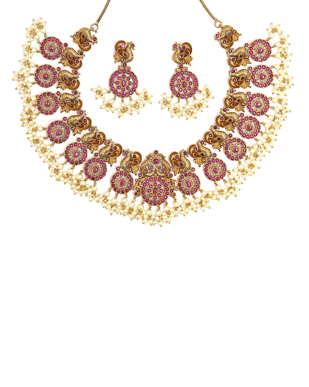 Women's Traditional Peacock Motifs Faux Pearls And Zircons Gold Plated Brass Jewellery Set - Voylla