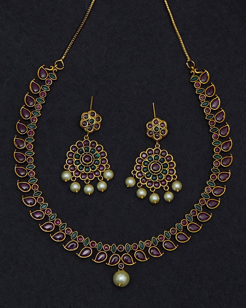 Women's Round Faux White Pearls Adorned Ethnic Gold Toned Brass Jewellery Set - Voylla