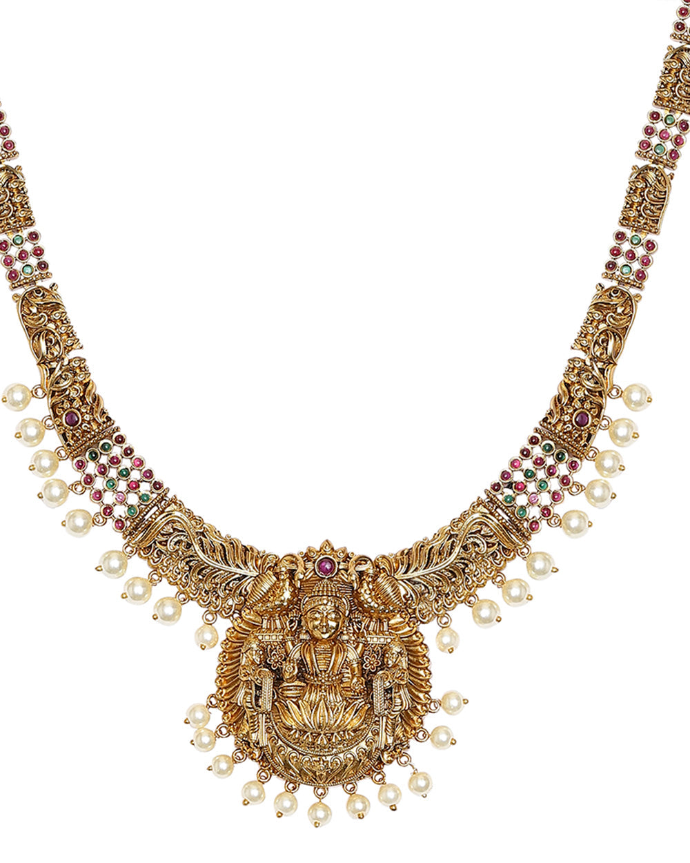 Women's Temple Design Goddess Motifs Faux Pearls Brass Gold Plated Jewellery Set - Voylla