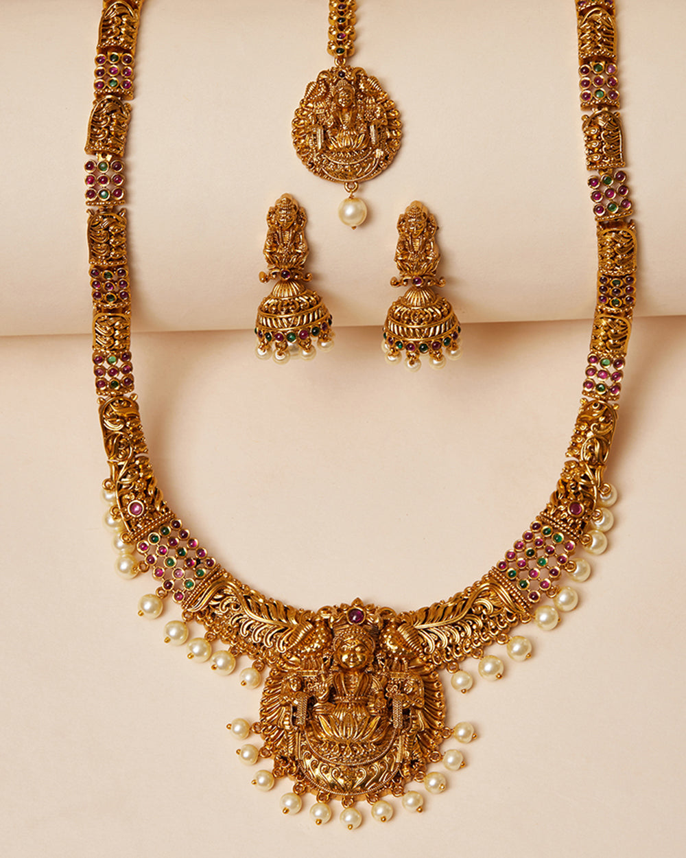 Women's Temple Design Goddess Motifs Faux Pearls Brass Gold Plated Jewellery Set - Voylla