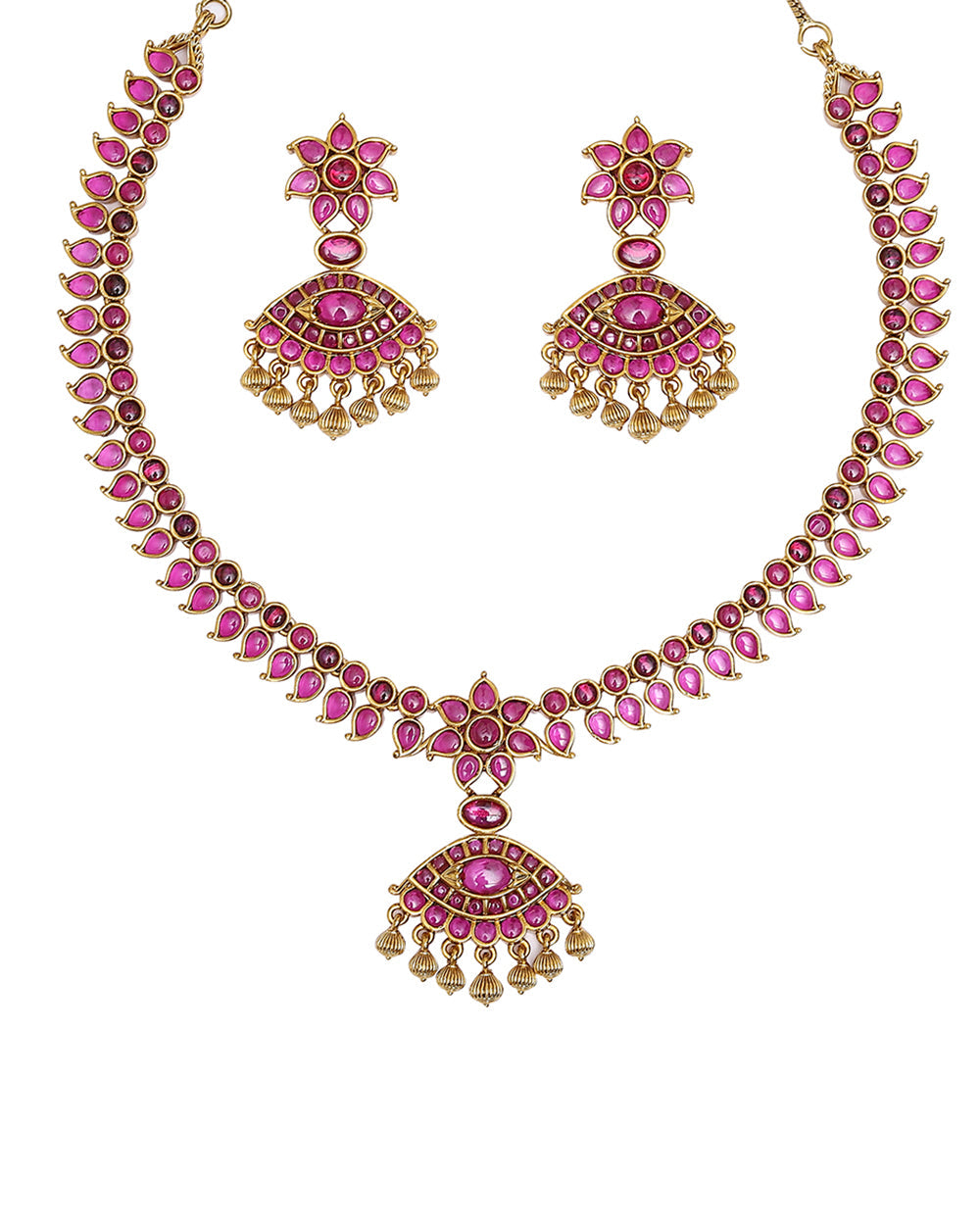 Women's Red Cz Adorned Floral Motifs Brass Gold Plated Jewellery Set - Voylla