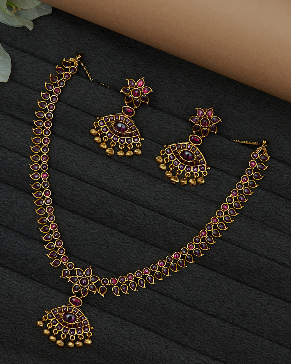 Women's Red Cz Adorned Floral Motifs Brass Gold Plated Jewellery Set - Voylla