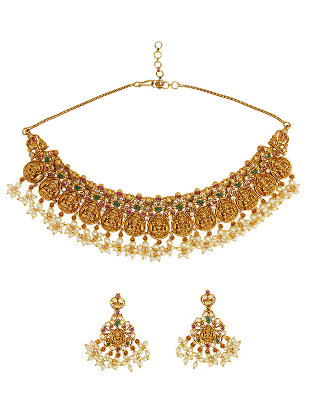 Women's Cluster Faux Pearls And Zircons Adorned Brass Gold Toned Temple Jewellery Set - Voylla