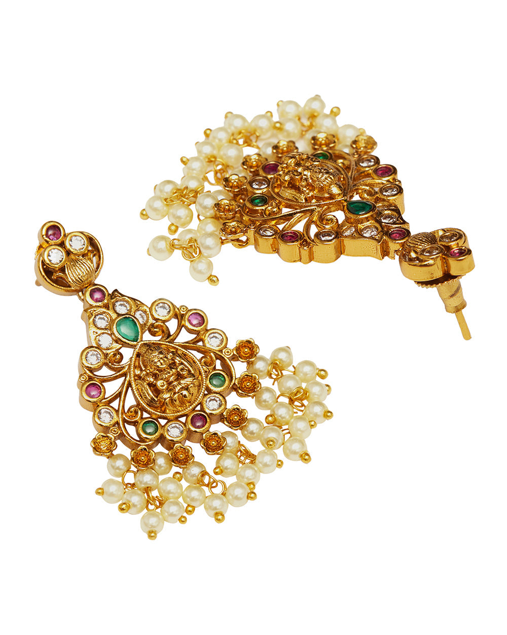 Women's Cluster Faux Pearls And Zircons Adorned Brass Gold Toned Temple Jewellery Set - Voylla
