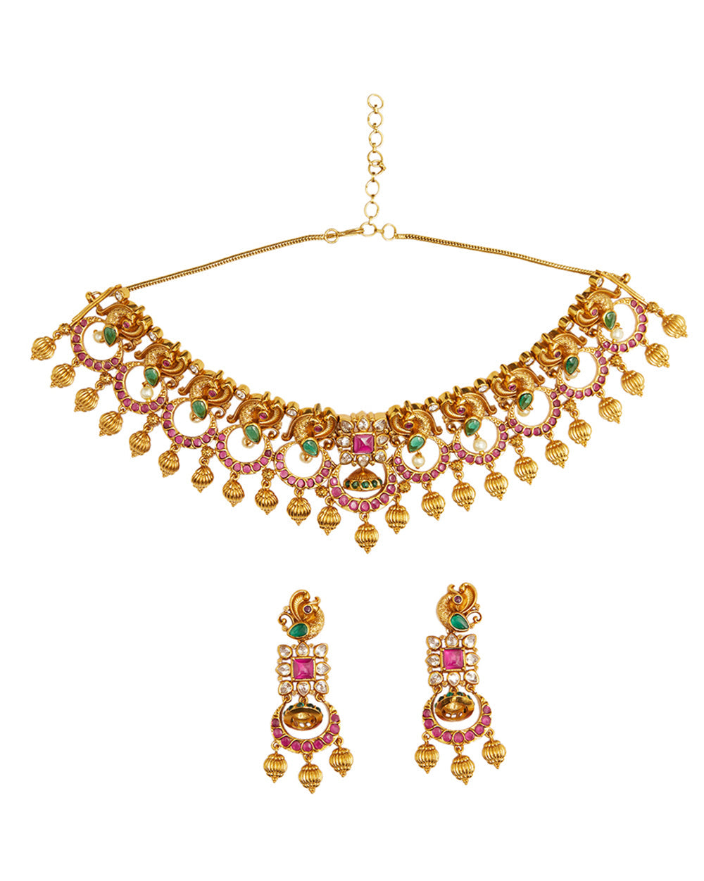 Women's Round Cut Zircons And Faux Pearls Brass Gold Plated Jewellery Set - Voylla