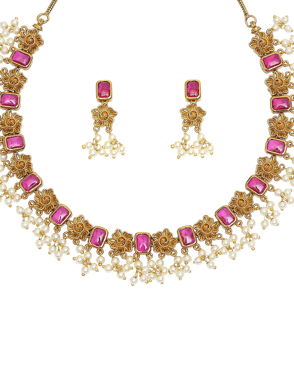 Women's Square Cut Cz And Faux Pearls Adorned Brass Gold Plated Jewellery Set - Voylla