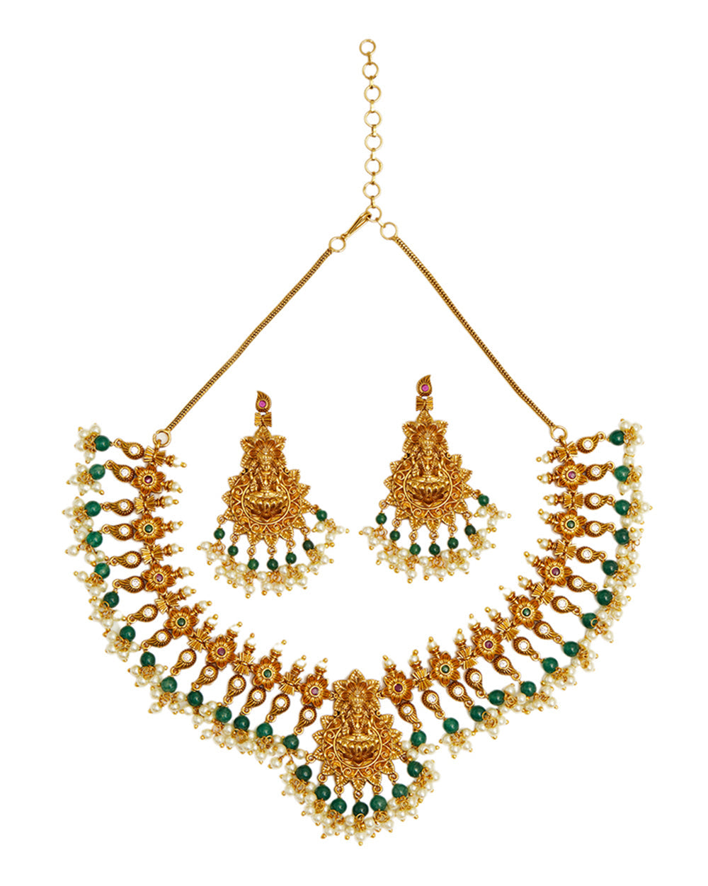 Women's Divine Goddess Lakshmi Motifs Temple Inspired Faux Pearls And Cz Brass Gold Plated Jewellery Set - Voylla