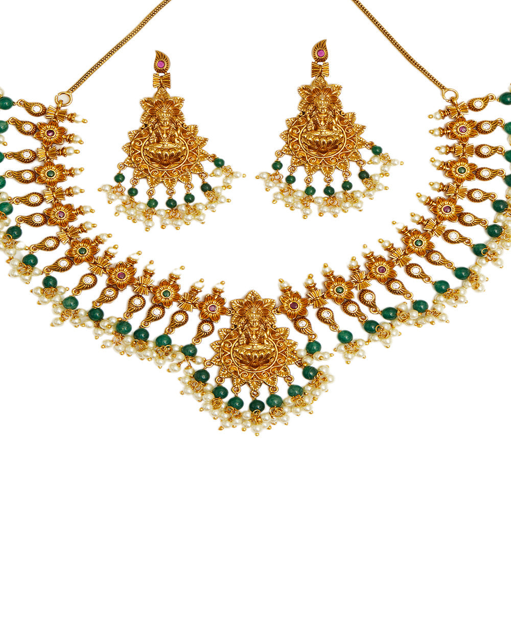 Women's Divine Goddess Lakshmi Motifs Temple Inspired Faux Pearls And Cz Brass Gold Plated Jewellery Set - Voylla
