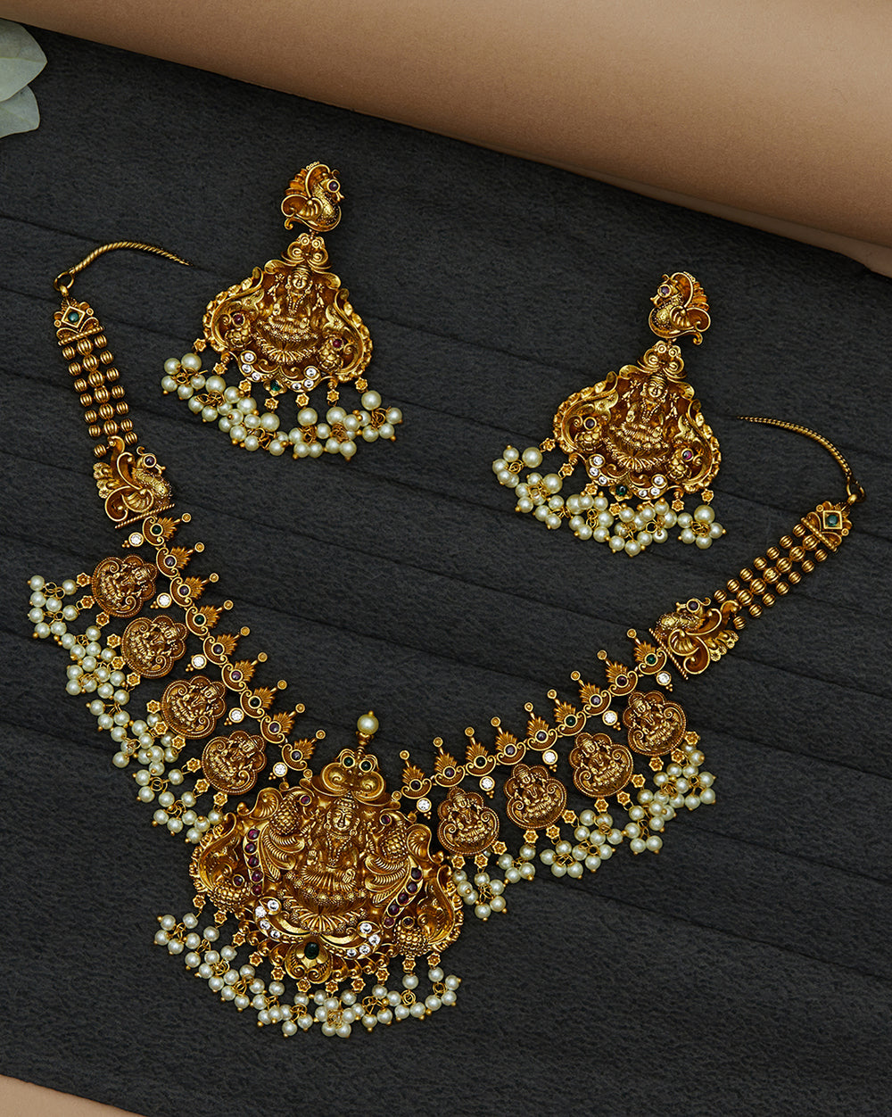 Women's Goddess Lakshmi Temple Design Brass Gold Toned Faux Pearls Adorned Jewellery Set - Voylla