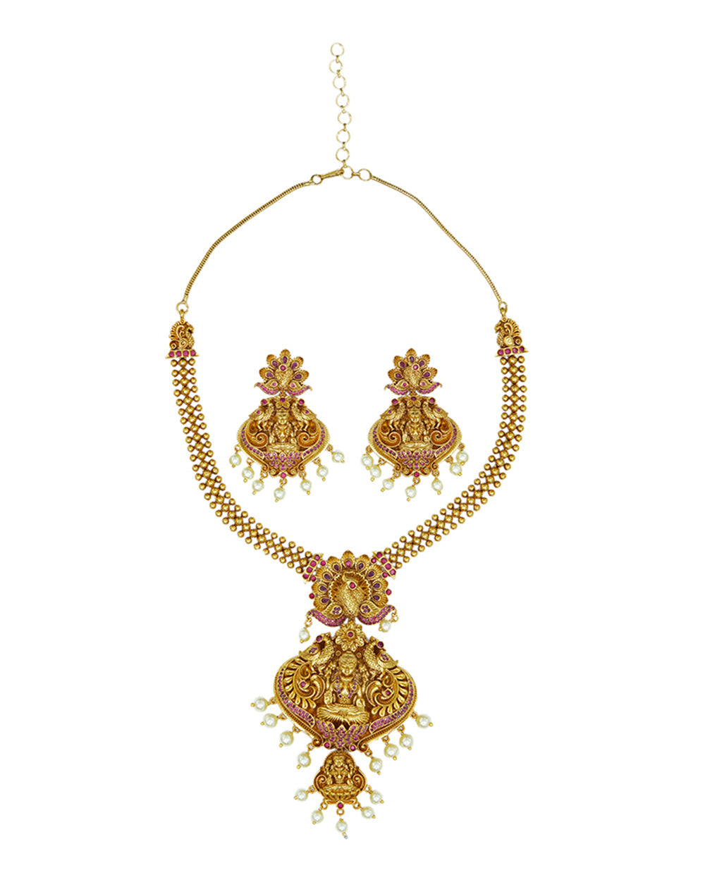Women's White Faux Pearls Adorned Temple Design Brass Gold Plated Jewellery Set - Voylla