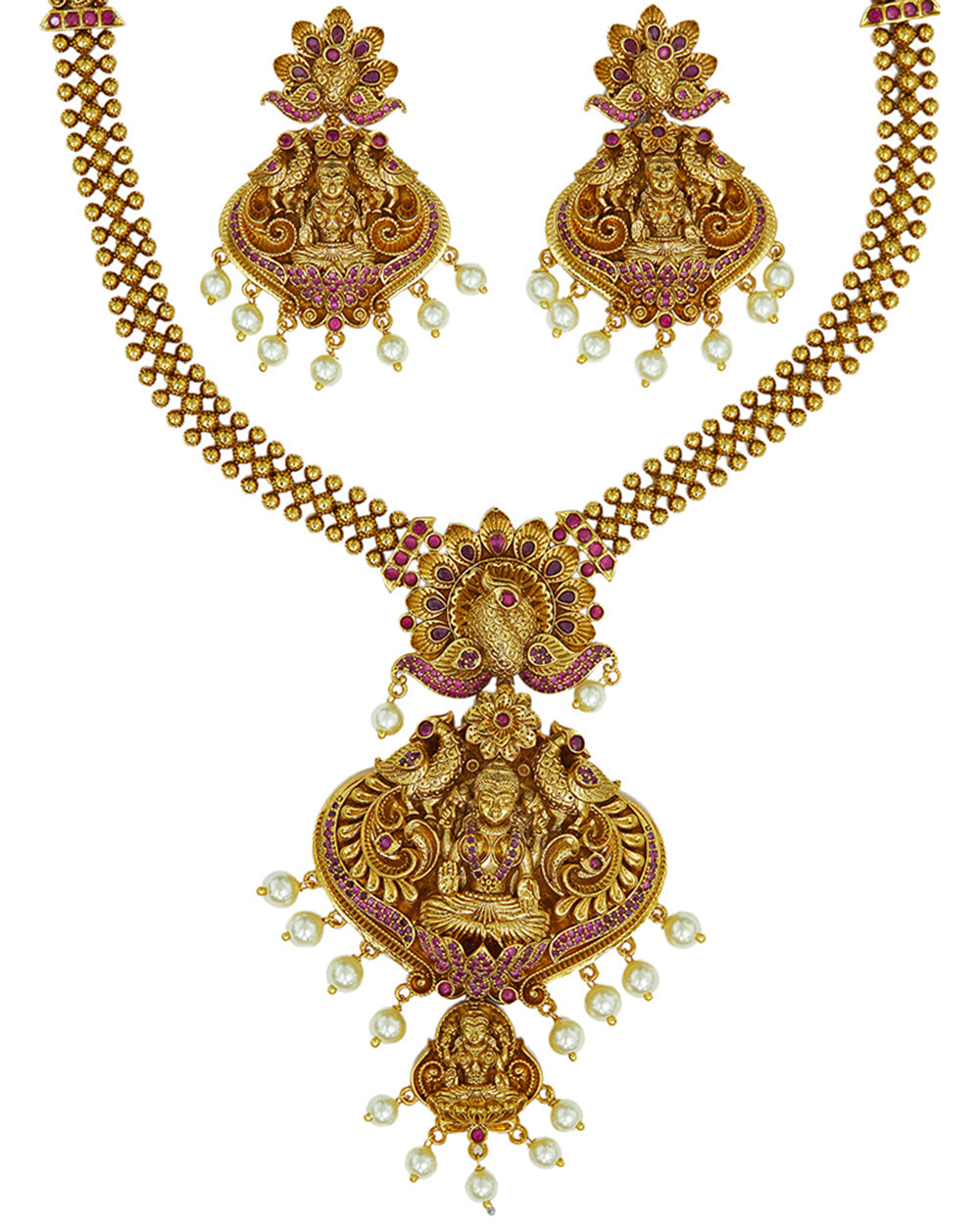 Women's White Faux Pearls Adorned Temple Design Brass Gold Plated Jewellery Set - Voylla