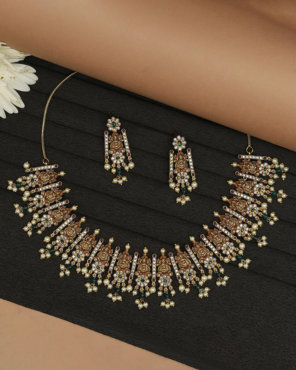 Women's Delicate Flower Motifs Faux Pearls And Zircons Gold Plated Brass Jewellery Set - Voylla