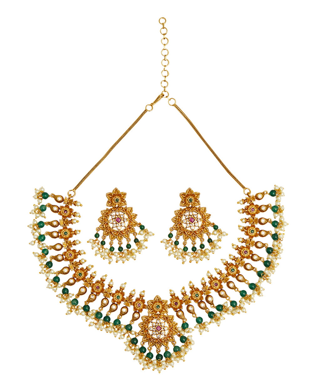 Women's Green And White Faux Pearls And Cz Adorned Brass Gold Plated Jewellery Set - Voylla