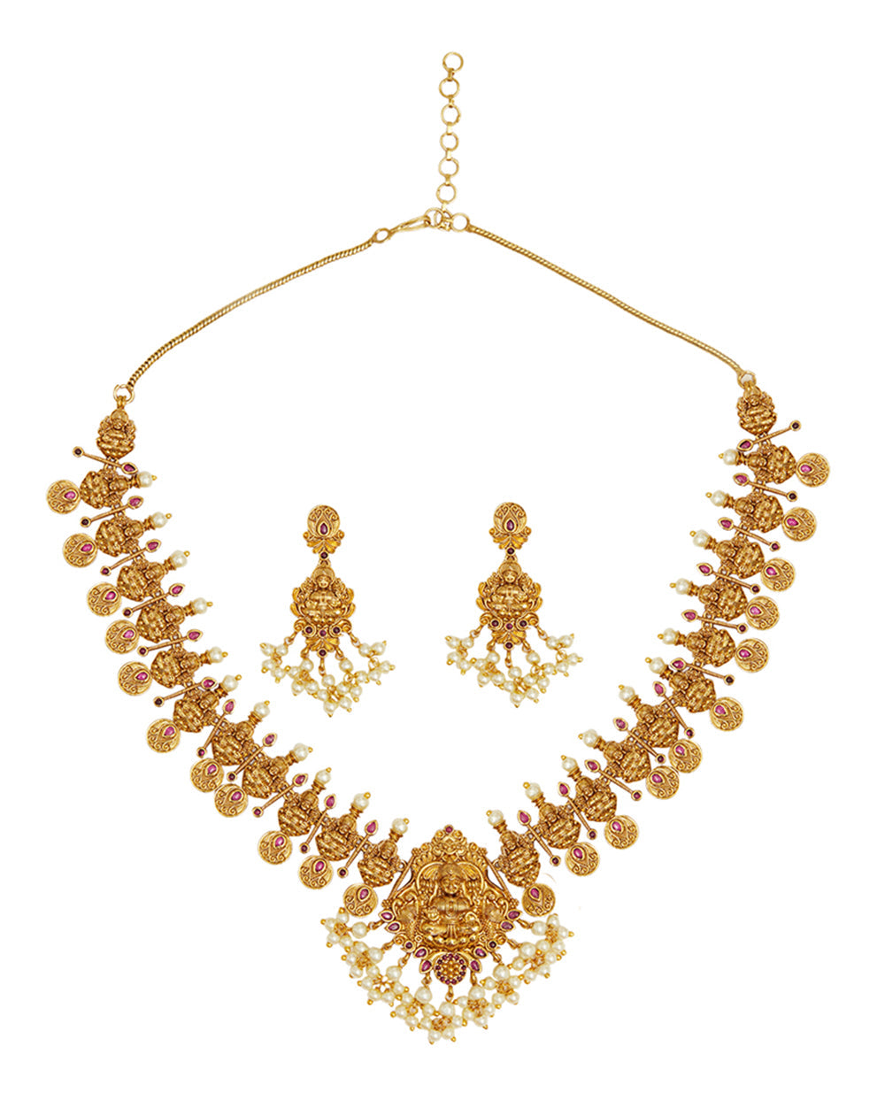 Women's Faux Pearls Adorned Temple Jewellery Inspired Brass Gold Toned Jewellery Set - Voylla