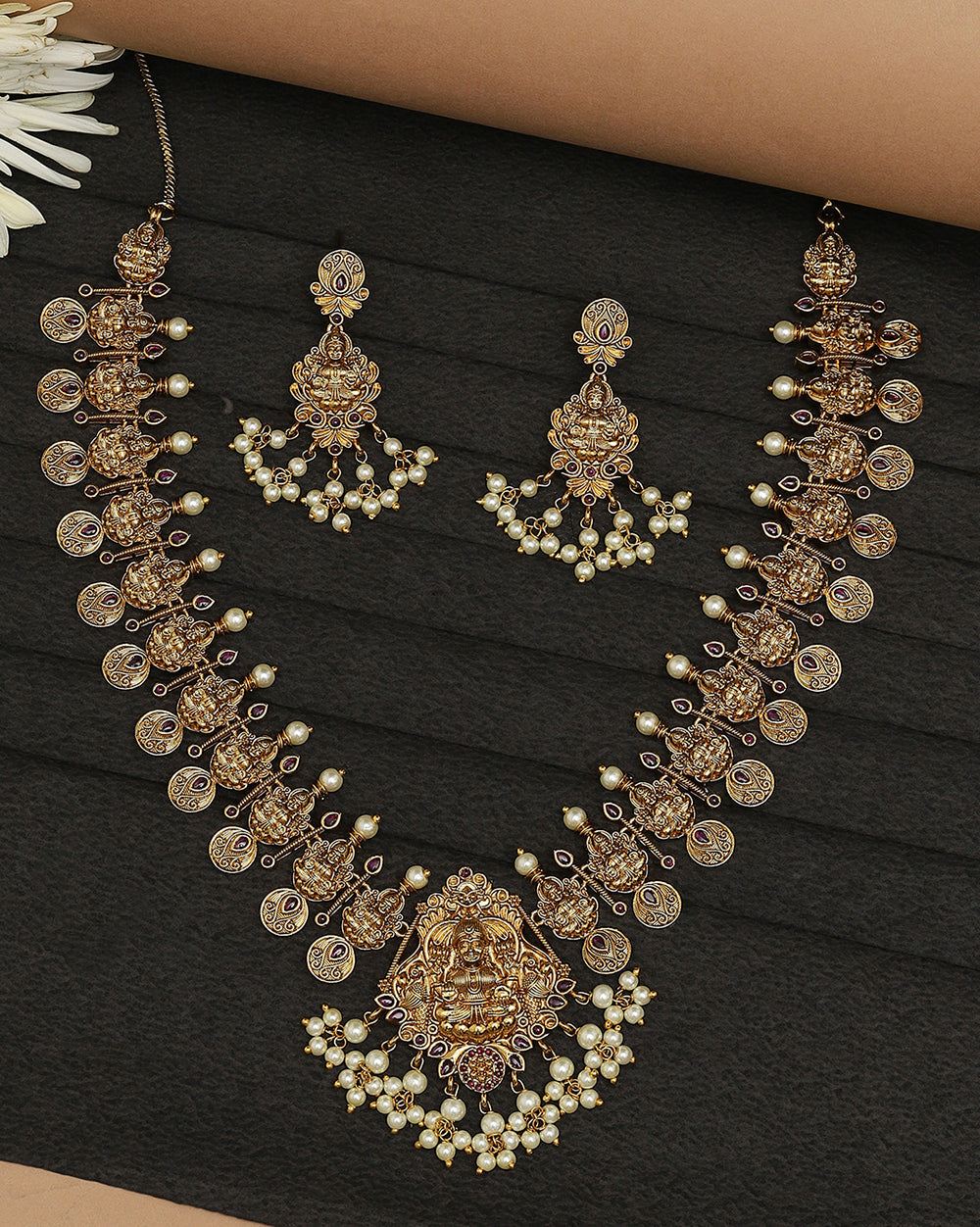 Women's Faux Pearls Adorned Temple Jewellery Inspired Brass Gold Toned Jewellery Set - Voylla