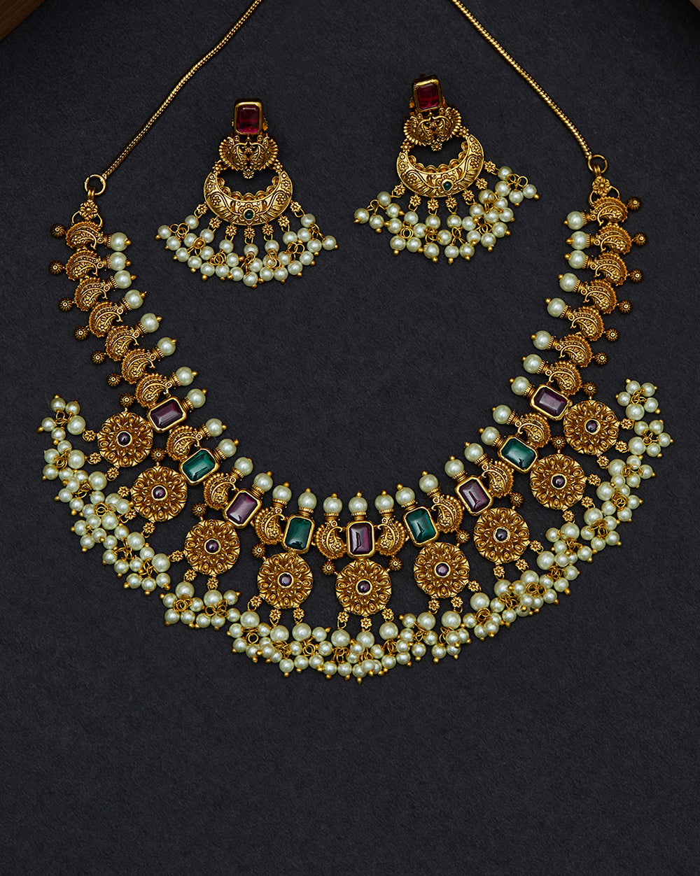 Women's Opulent Faux Pearls And Cz Adorned Gold Plated Brass Jewellery Set - Voylla