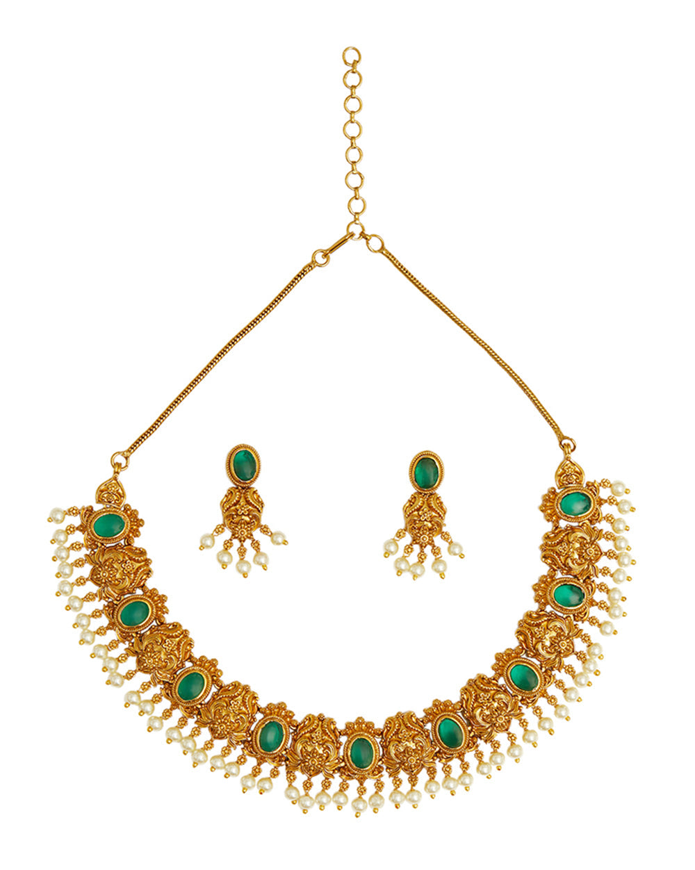 Women's Emerald Cut Cz And Faux Pearls Brass Guluband Gold Plated Jewellery Set - Voylla