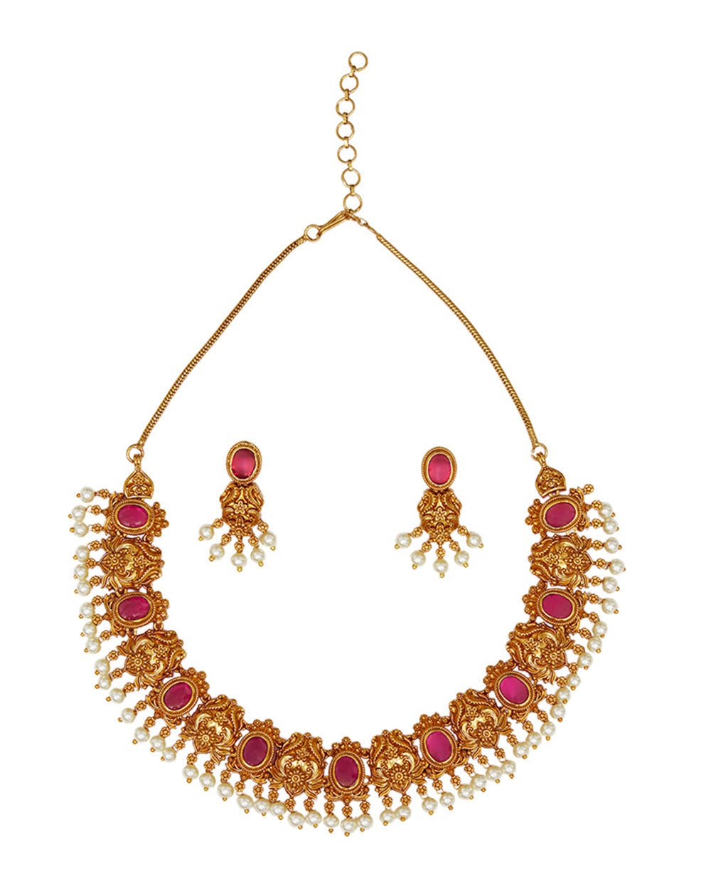 Women's Oval Cut Zircons And Faux Pearls Adorned Brass Gold Toned Ethnic Jewellery Set - Voylla