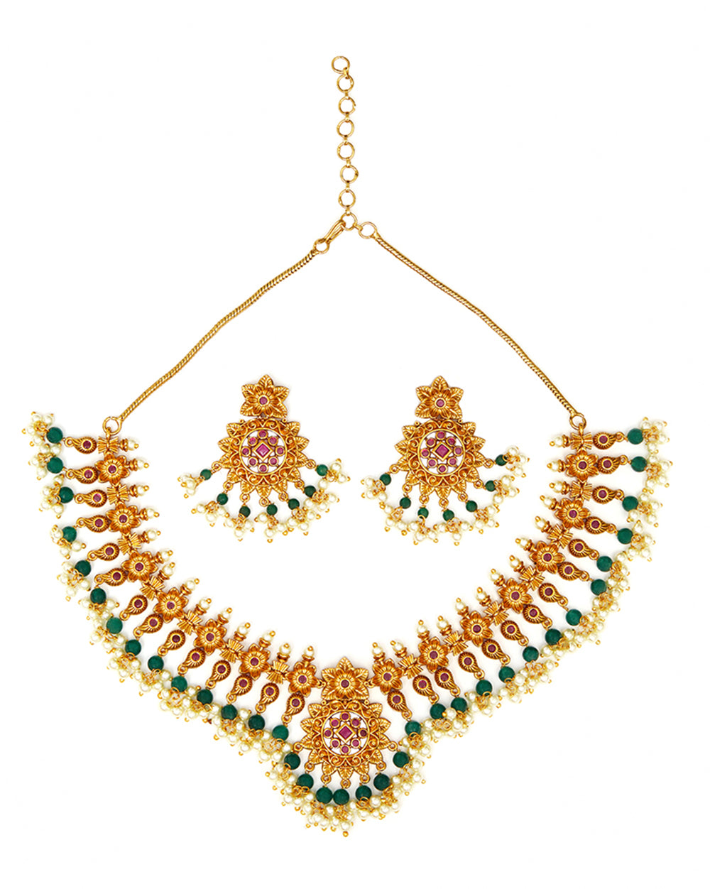 Women's Floral Motifs Brass Faux Pearls And Cz Adorned Gold Plated Jewellery Set - Voylla