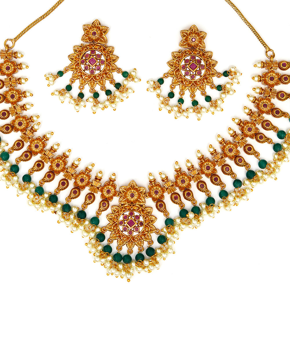 Women's Floral Motifs Brass Faux Pearls And Cz Adorned Gold Plated Jewellery Set - Voylla