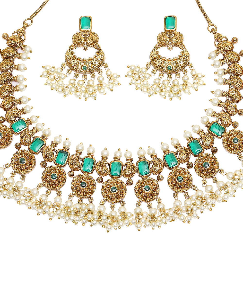 Women's Ethnic Yellow Gold Plated Faux Pearls And Cz Brass Choker Jewellery Set - Voylla