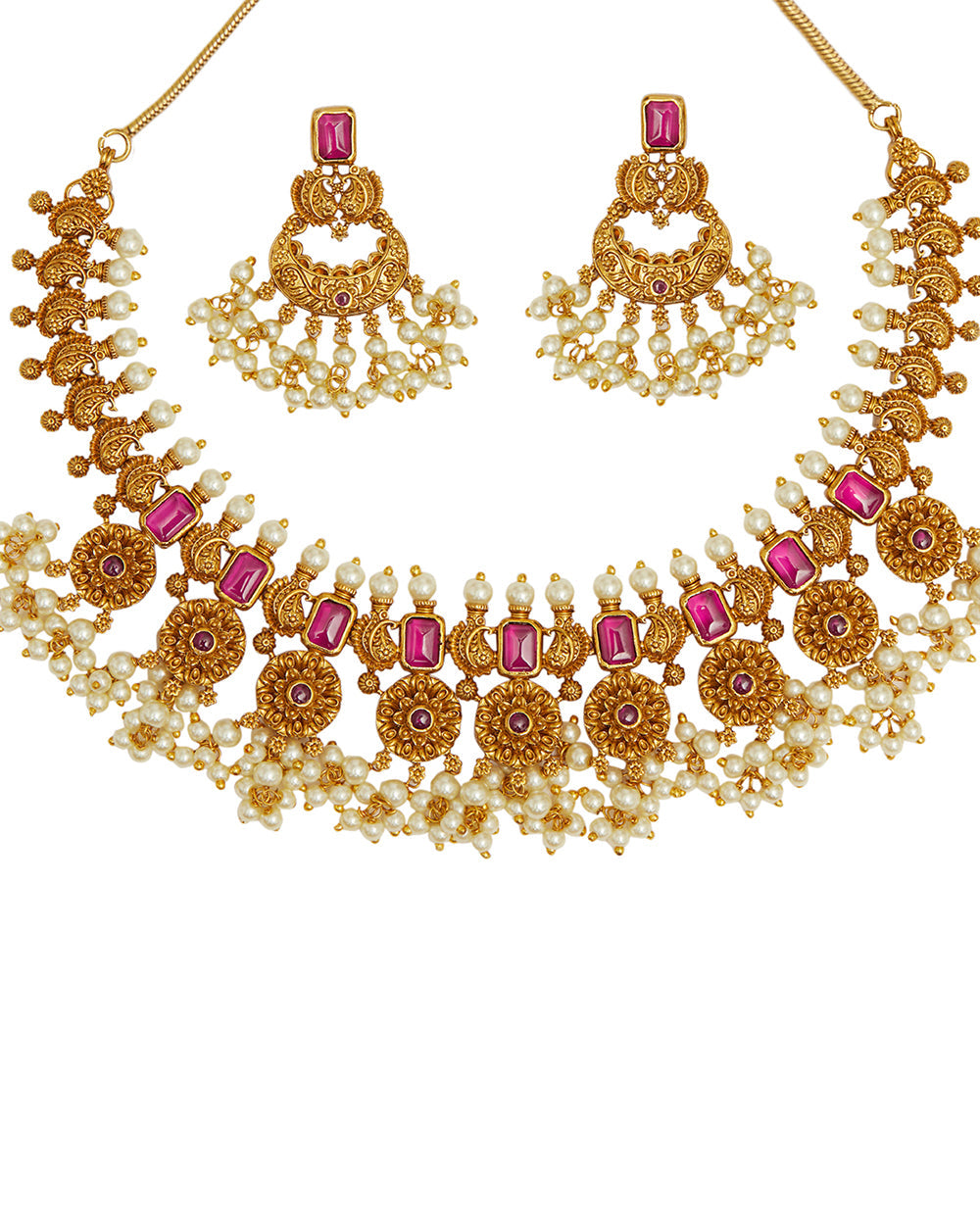 Women's Paisley Motifs Cz Gems And Faux Pearls Gold Toned Brass Jewellery Set - Voylla