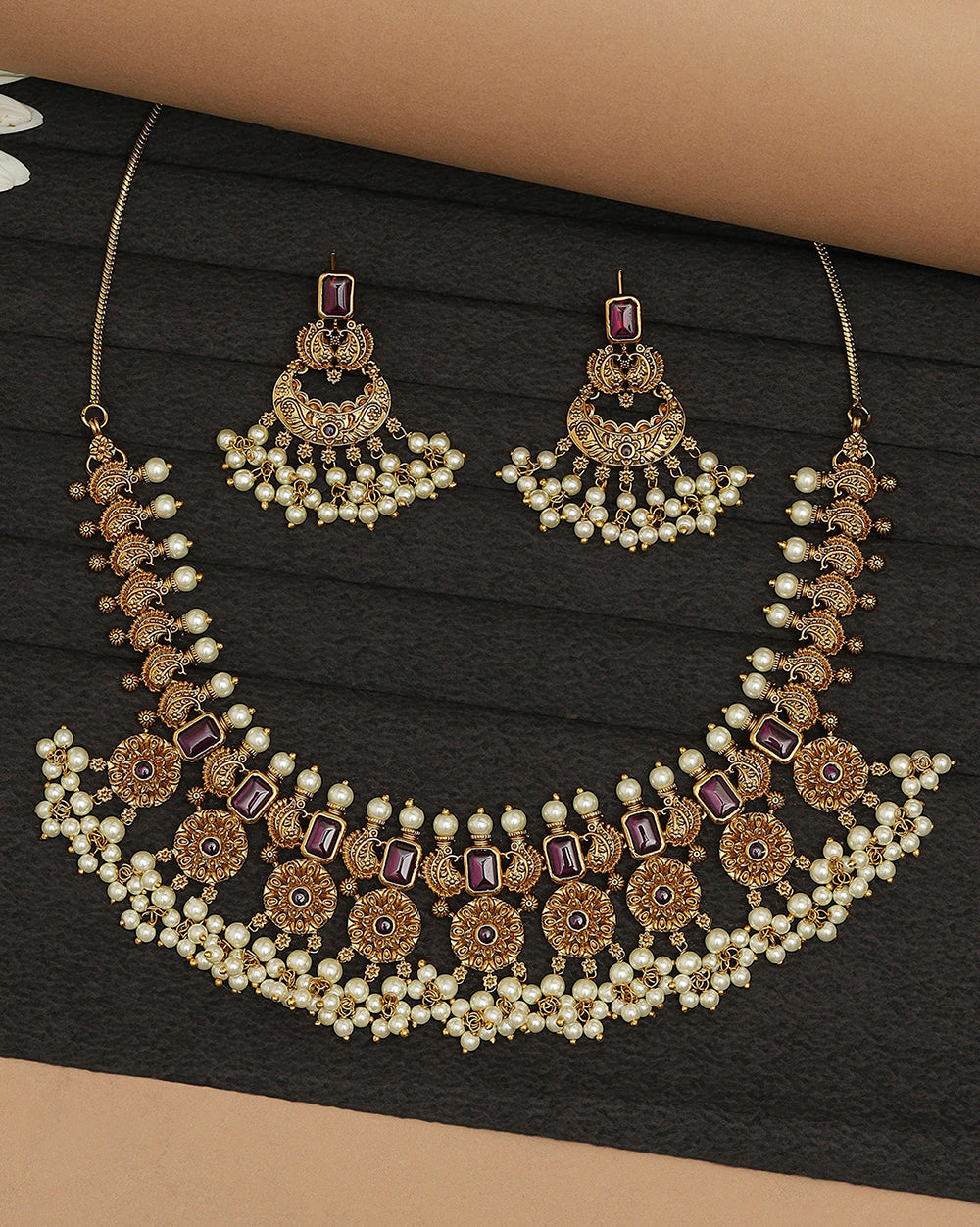 Women's Paisley Motifs Cz Gems And Faux Pearls Gold Toned Brass Jewellery Set - Voylla
