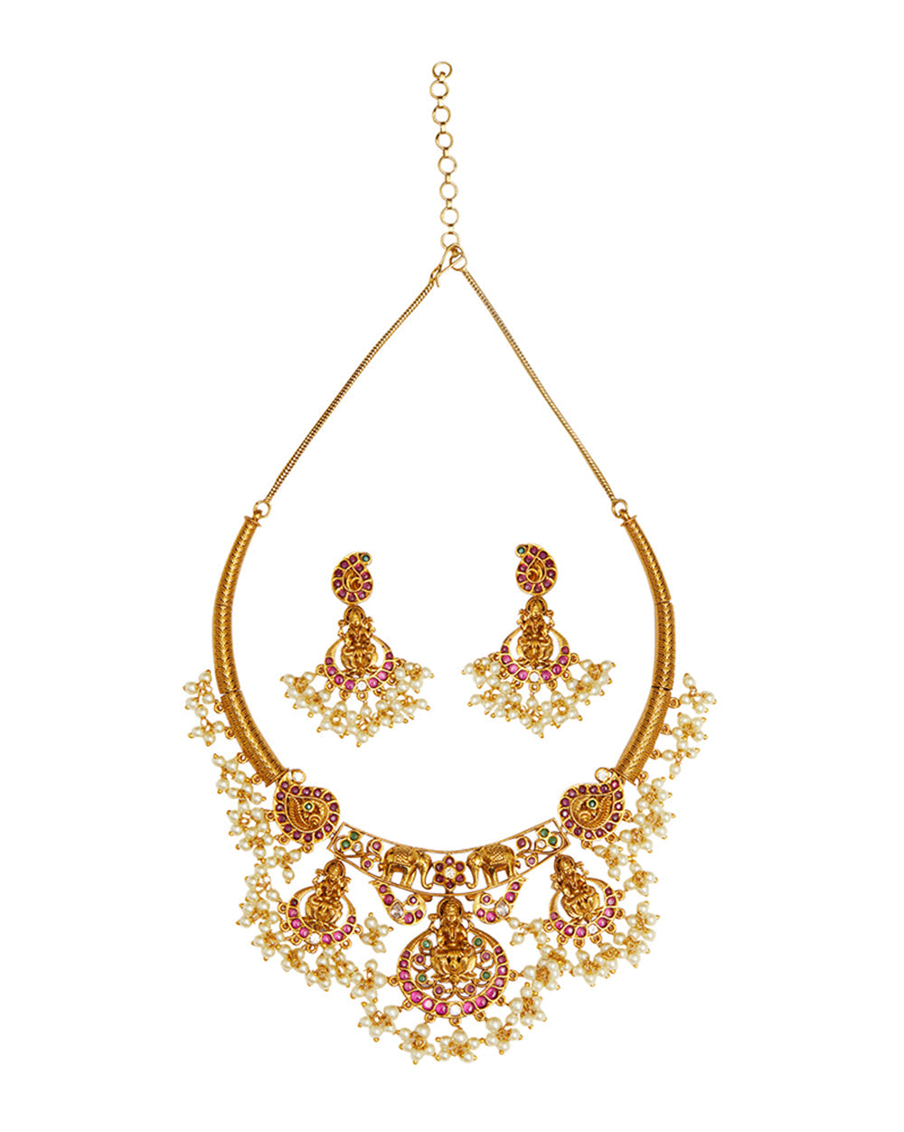 Women's Temple Design Brass Faux Pearls Embellished Gold Plated Hasli Jewellery Set - Voylla