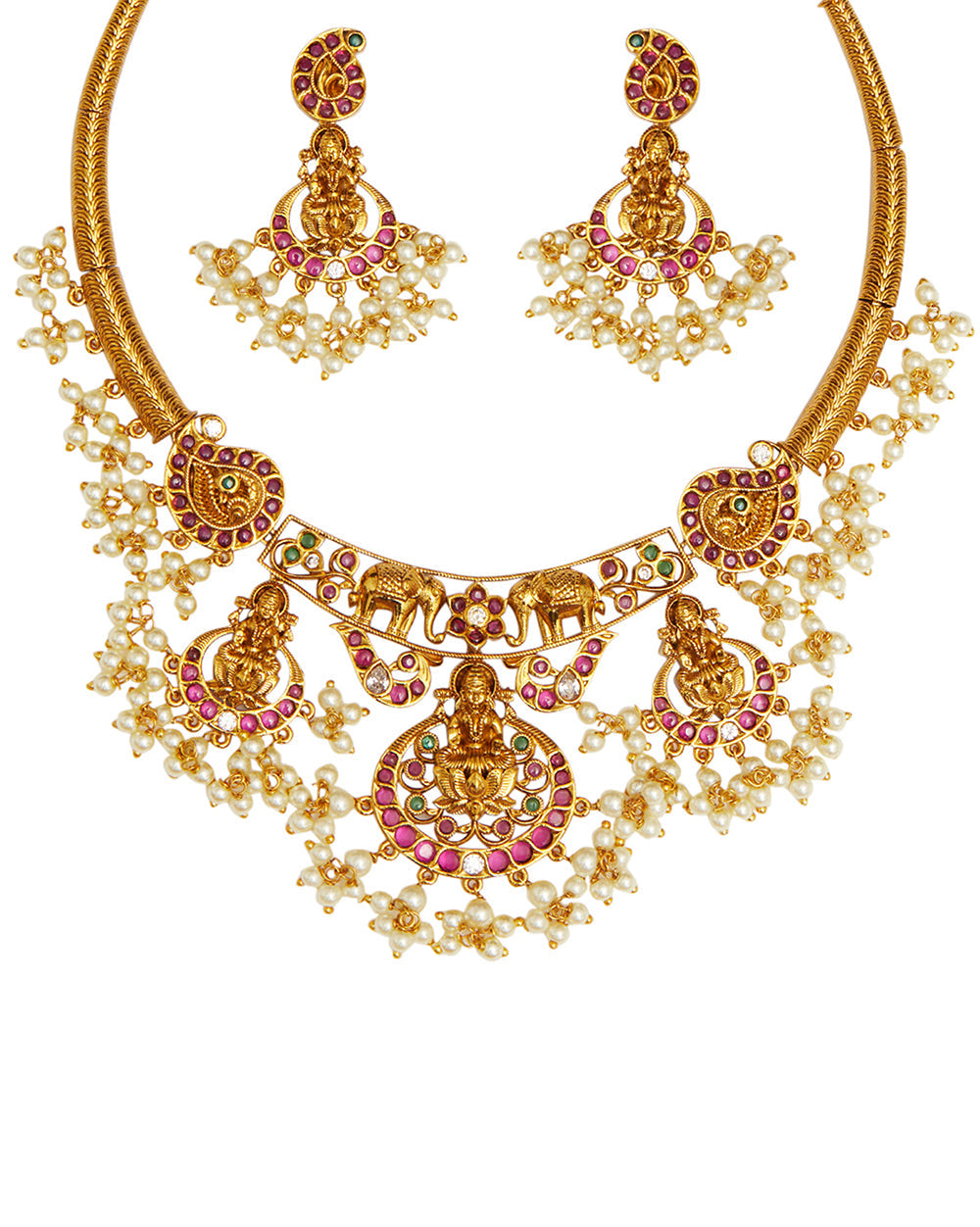 Women's Temple Design Brass Faux Pearls Embellished Gold Plated Hasli Jewellery Set - Voylla