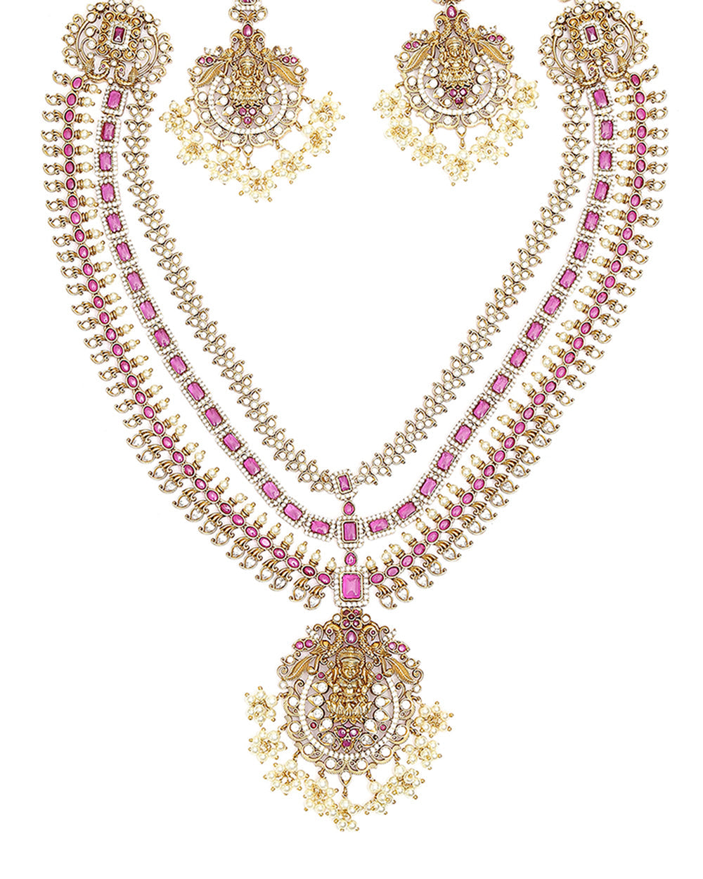 Women's Antique Inspired Opulent Cz And Faux Pearls Multi-Strand Brass Gold Plated Jewellery Set - Voylla