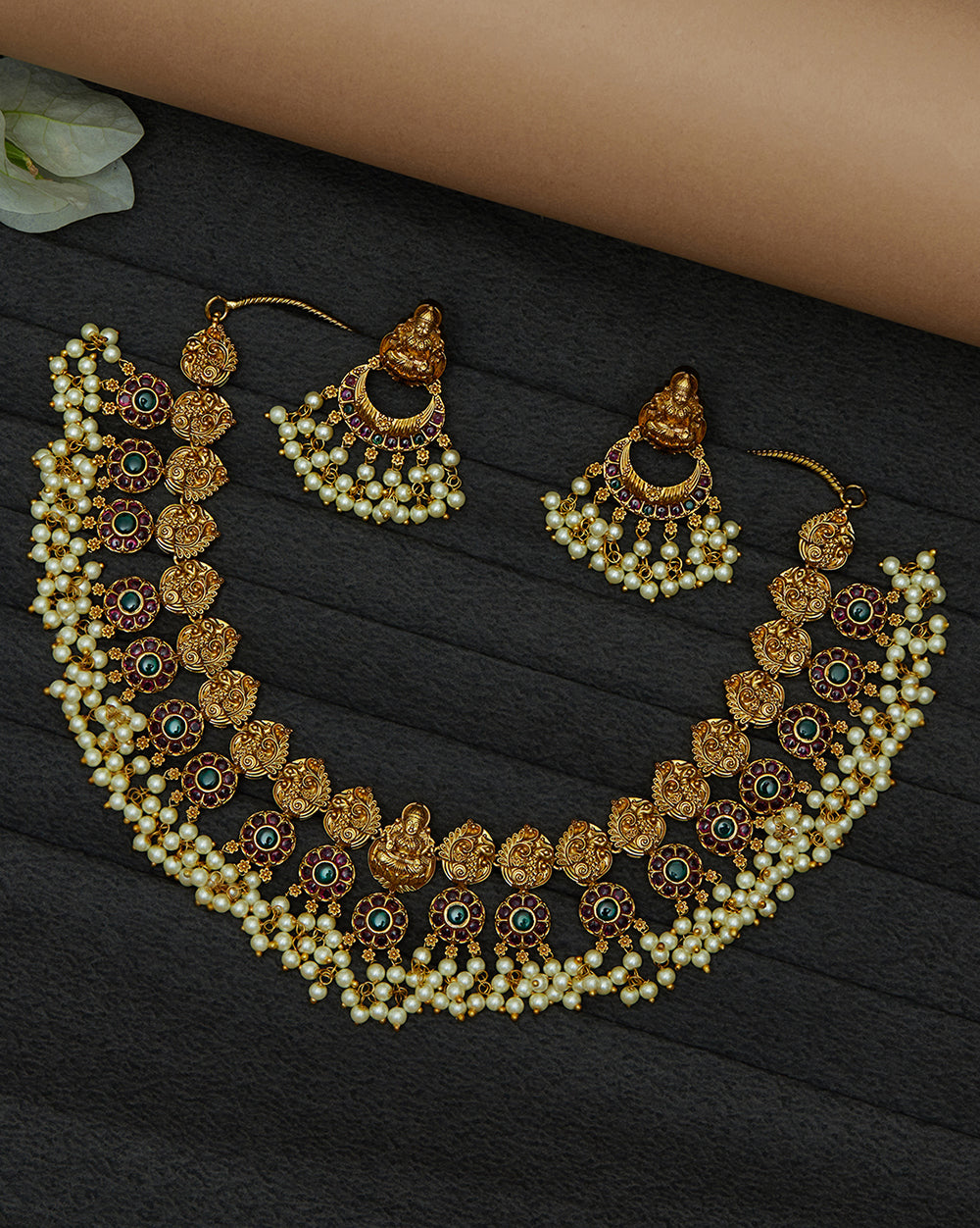 Women's Temple Inspired Brass Faux Pearls And Cz Adorned Gold Plated Jewellery Set - Voylla