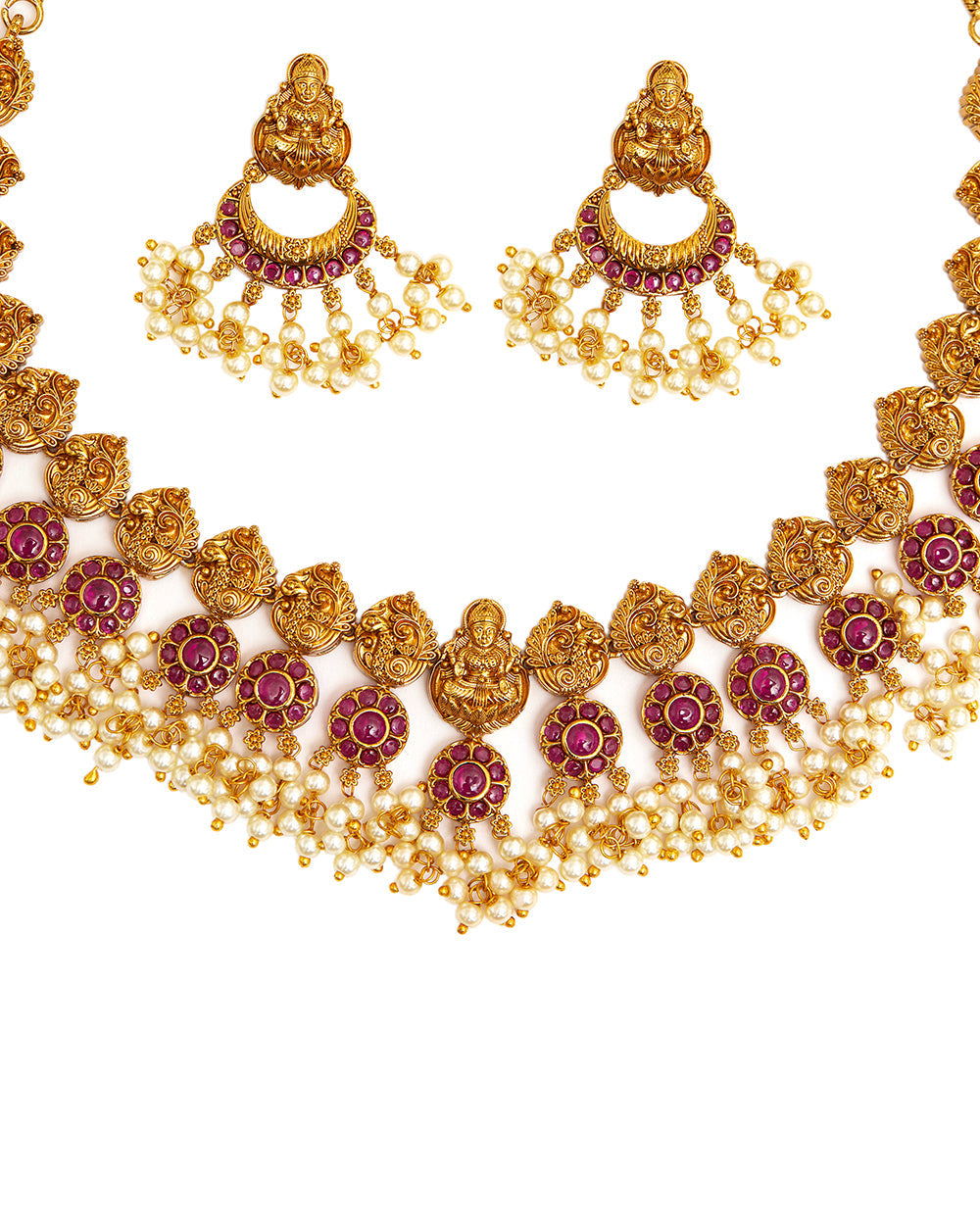 Women's Temple Design Divine Motifs Faux Pearls And Cz Adorned Brass Gold Plated Jewellery Set - Voylla