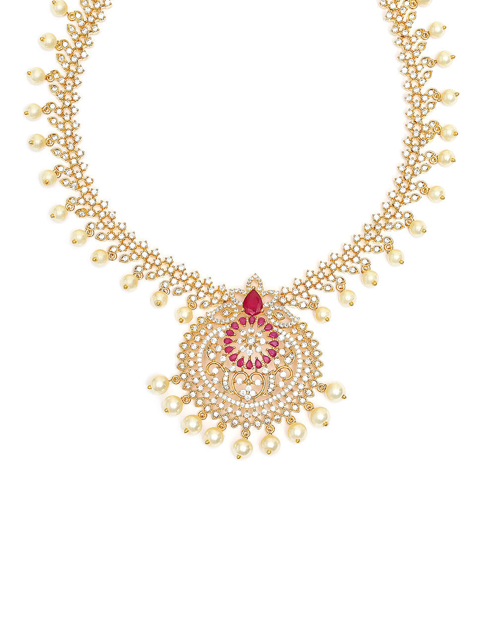 Women's Filigree Design Zircons And Faux Pearls Embellished Gold Plated Brass Jewellery Set - Voylla