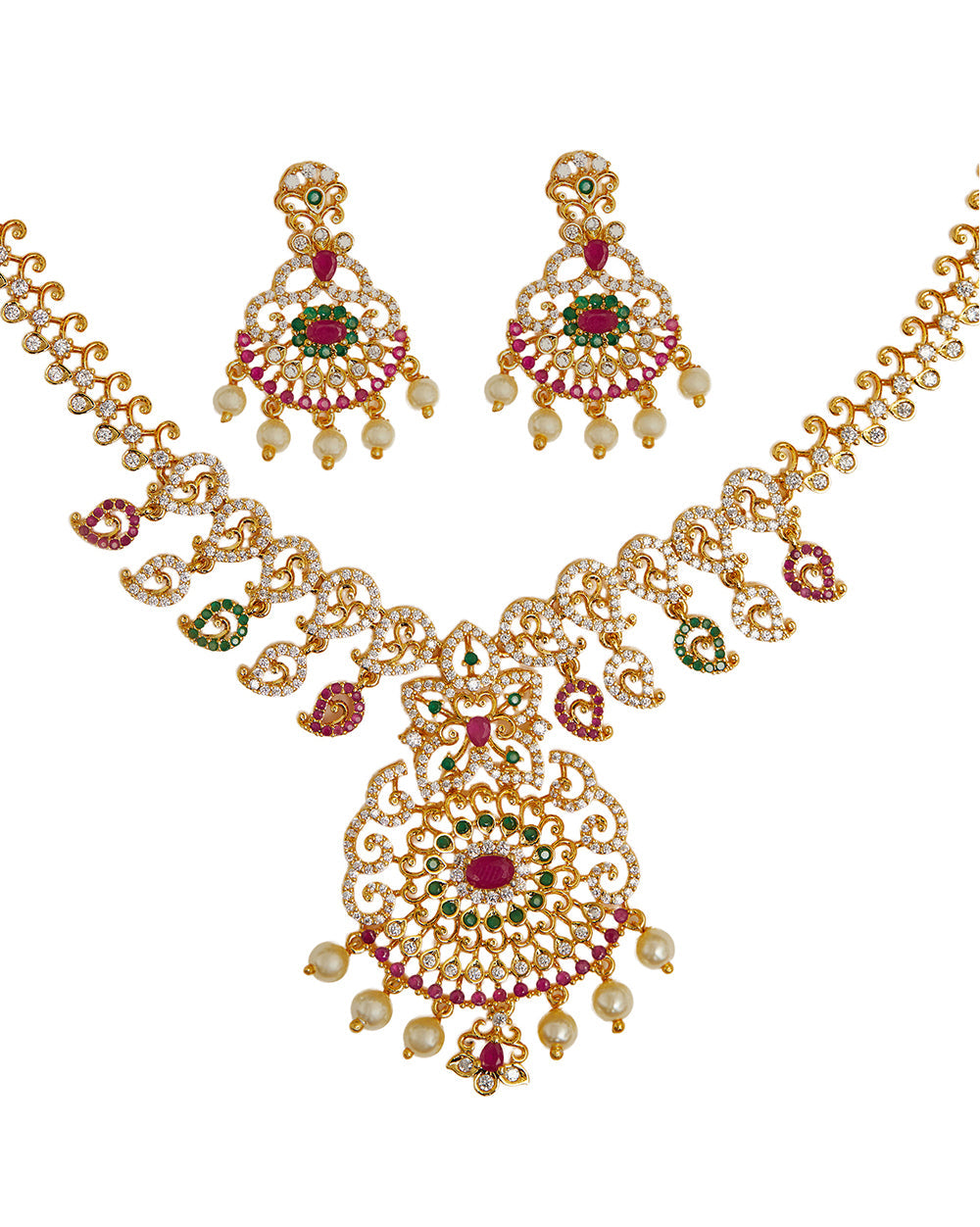 Women's Round Cut Zircons And Faux White Pearls Adorned Brass Gold Plated Jewellery Set - Voylla