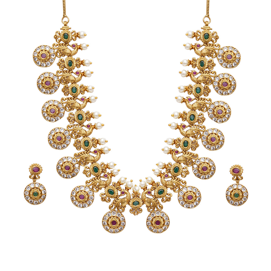 Women's Gold Opulence Lavish Faux Pearls And Cz Adorned Gold Plated Necklace Set - Voylla