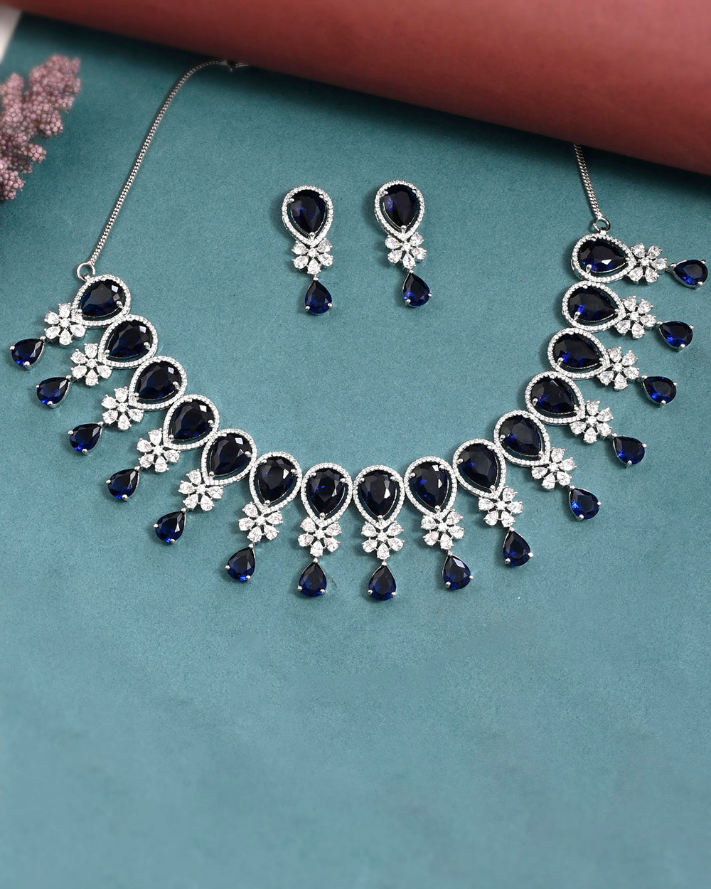Women's Cz Elegance Blue Teardrop Zircons Jewellery Set - Voylla