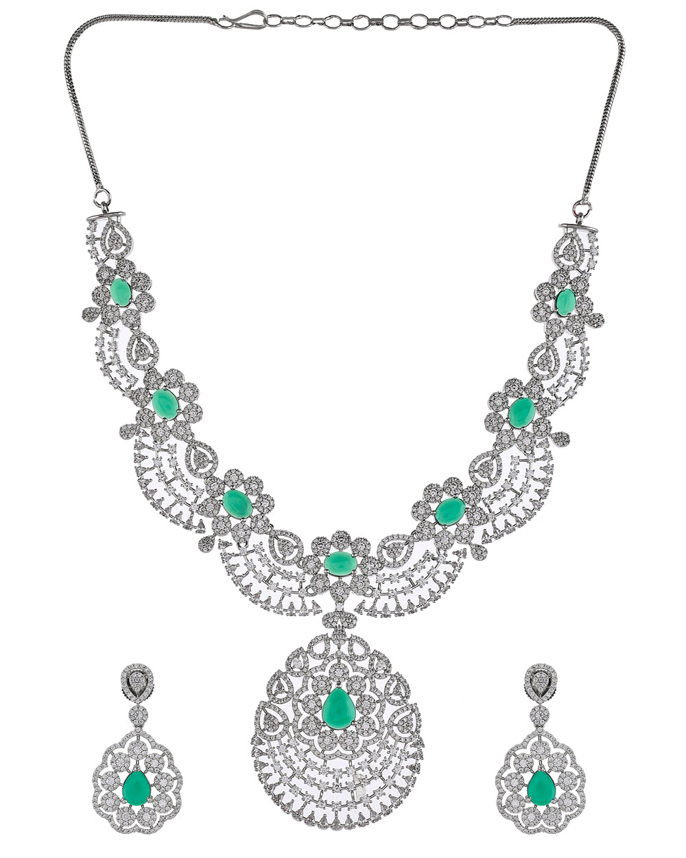 Women's Cz Elegance Jewellery Set With Green Stones - Voylla