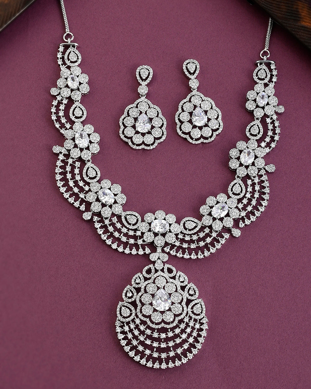 Women's Cz Elegance Cluster Setting Heavily Embellished Jewellery Set - Voylla