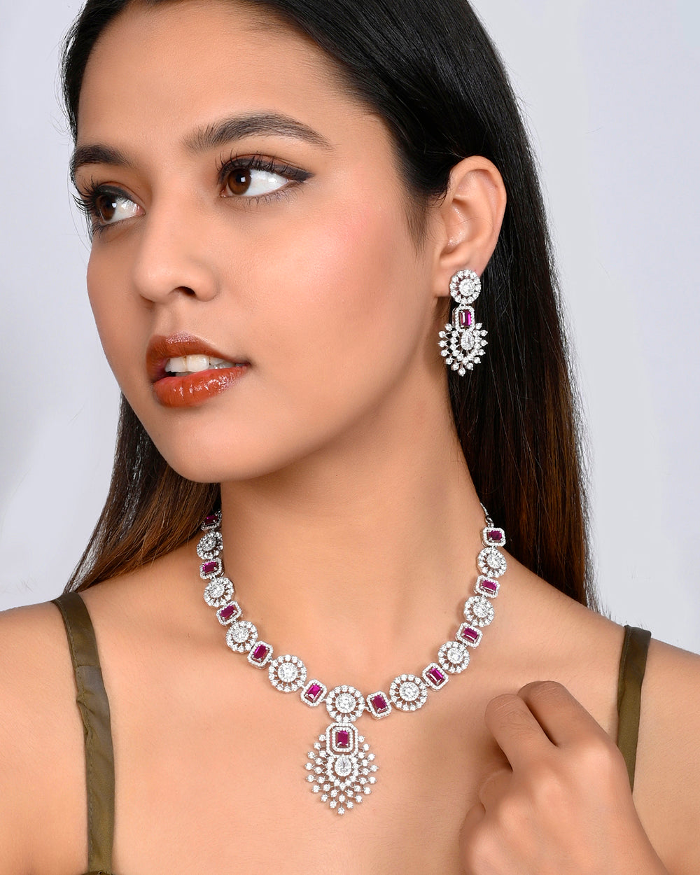 Women's Cz Elegance Pink Emerald Cut Jewellery Set - Voylla
