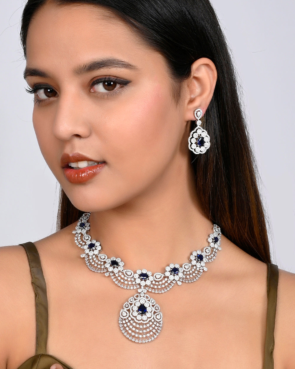 Women's Cz Elegance Teardrop Cut Blue Gems Jewellery Set - Voylla