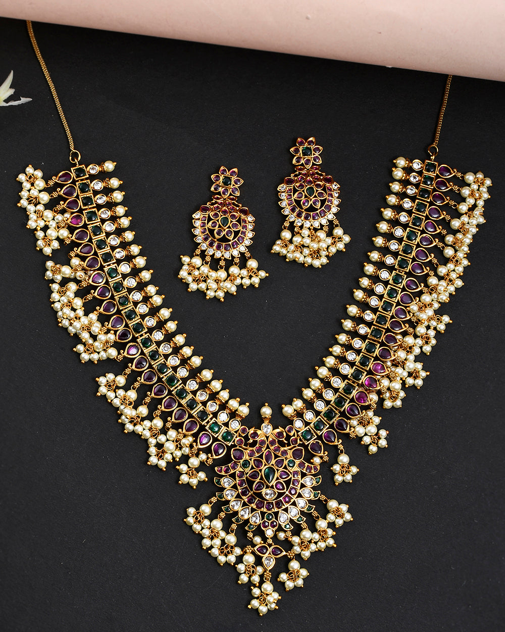 Women's Heavily Embellished Pearl Beads Ethnic Jewellery Set - Voylla
