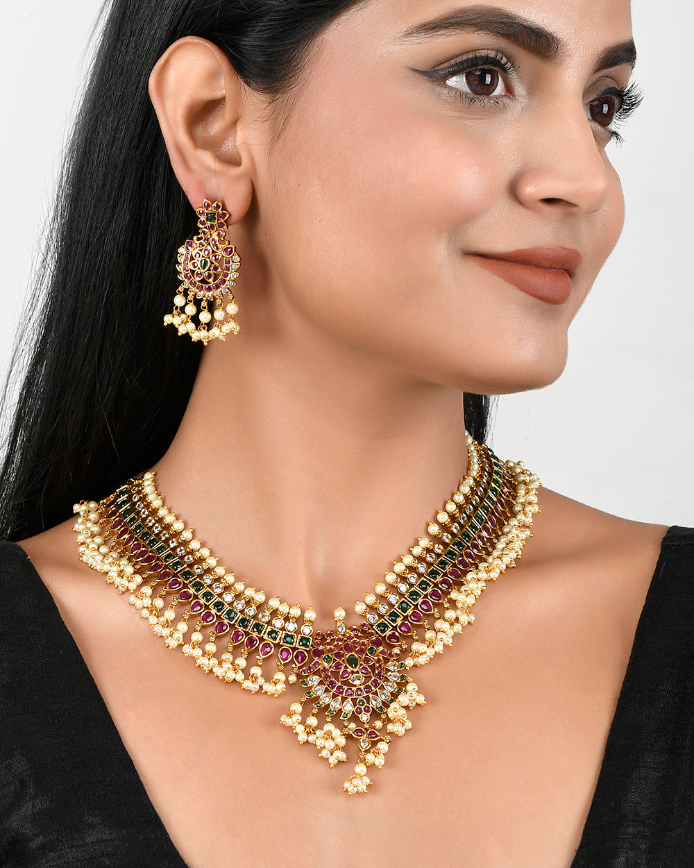Women's Heavily Embellished Pearl Beads Ethnic Jewellery Set - Voylla