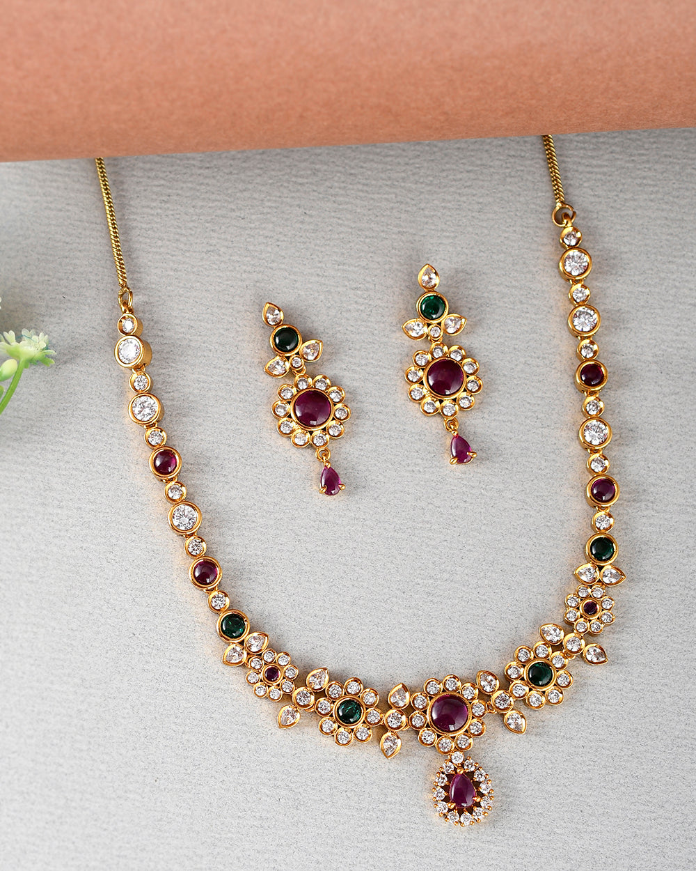 Women's Gold Opulence Floral Motif Green And Red Stones Jewellery Set - Voylla
