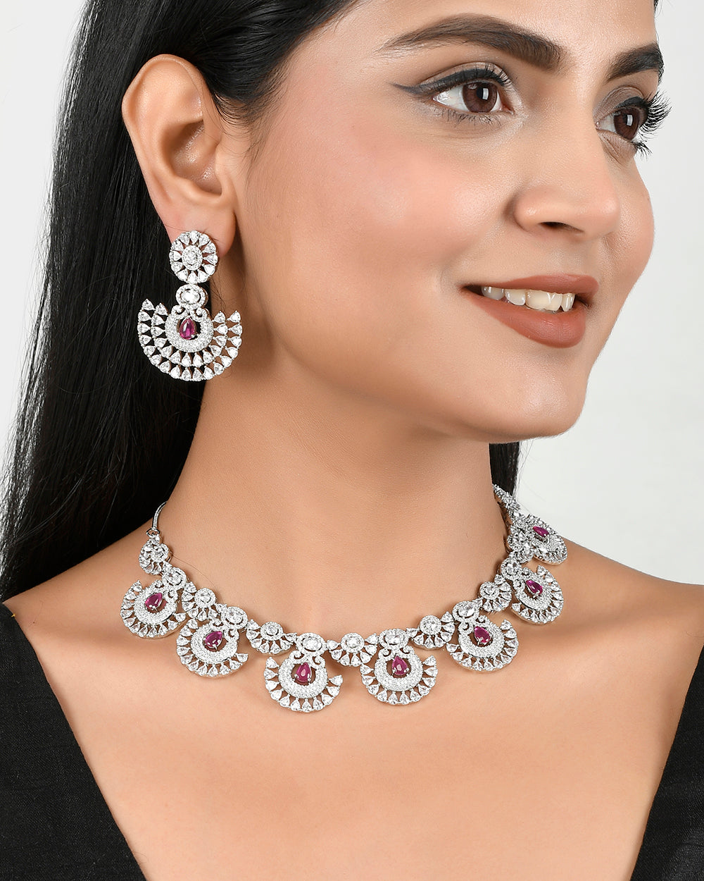 Women's Cz Elegance Pink And White Zircons Jewellery Set - Voylla