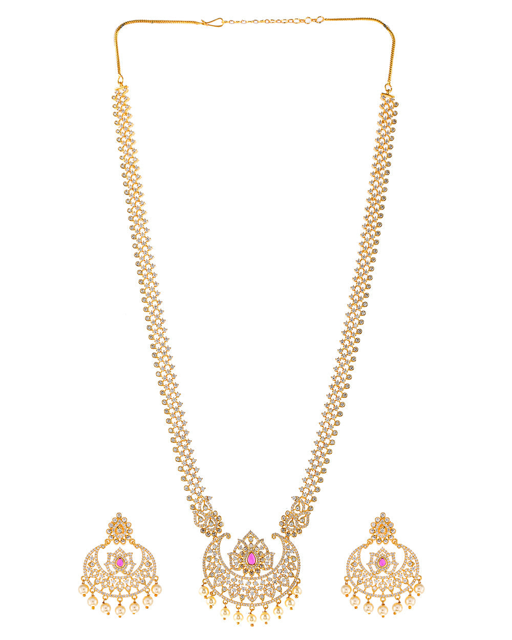 Women's Gold Plated Cluster Setting Cz And Pearl Beads Jewellery Set - Voylla