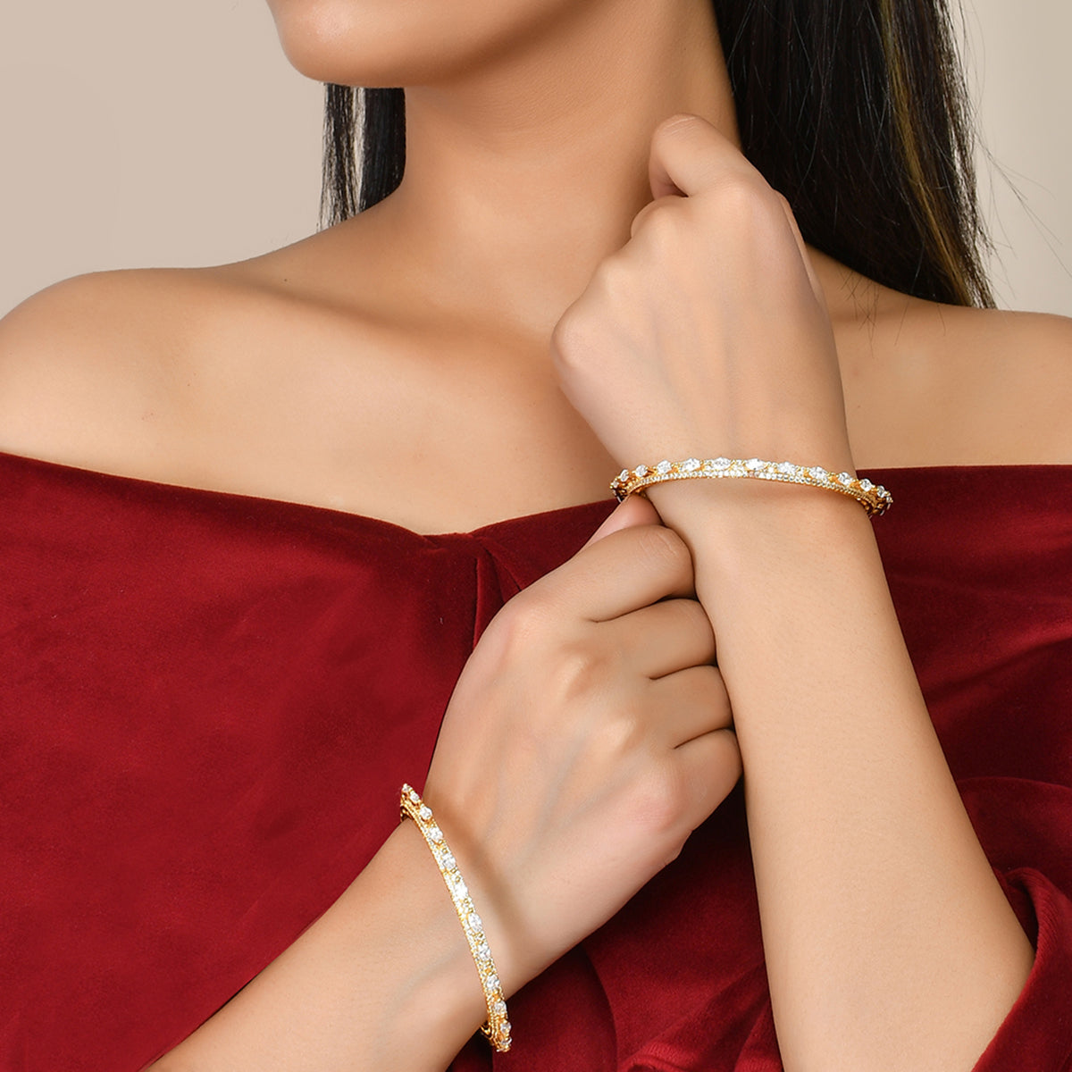 Women's Sparkling Elegance Gold Cz Adorned Bangles - Voylla
