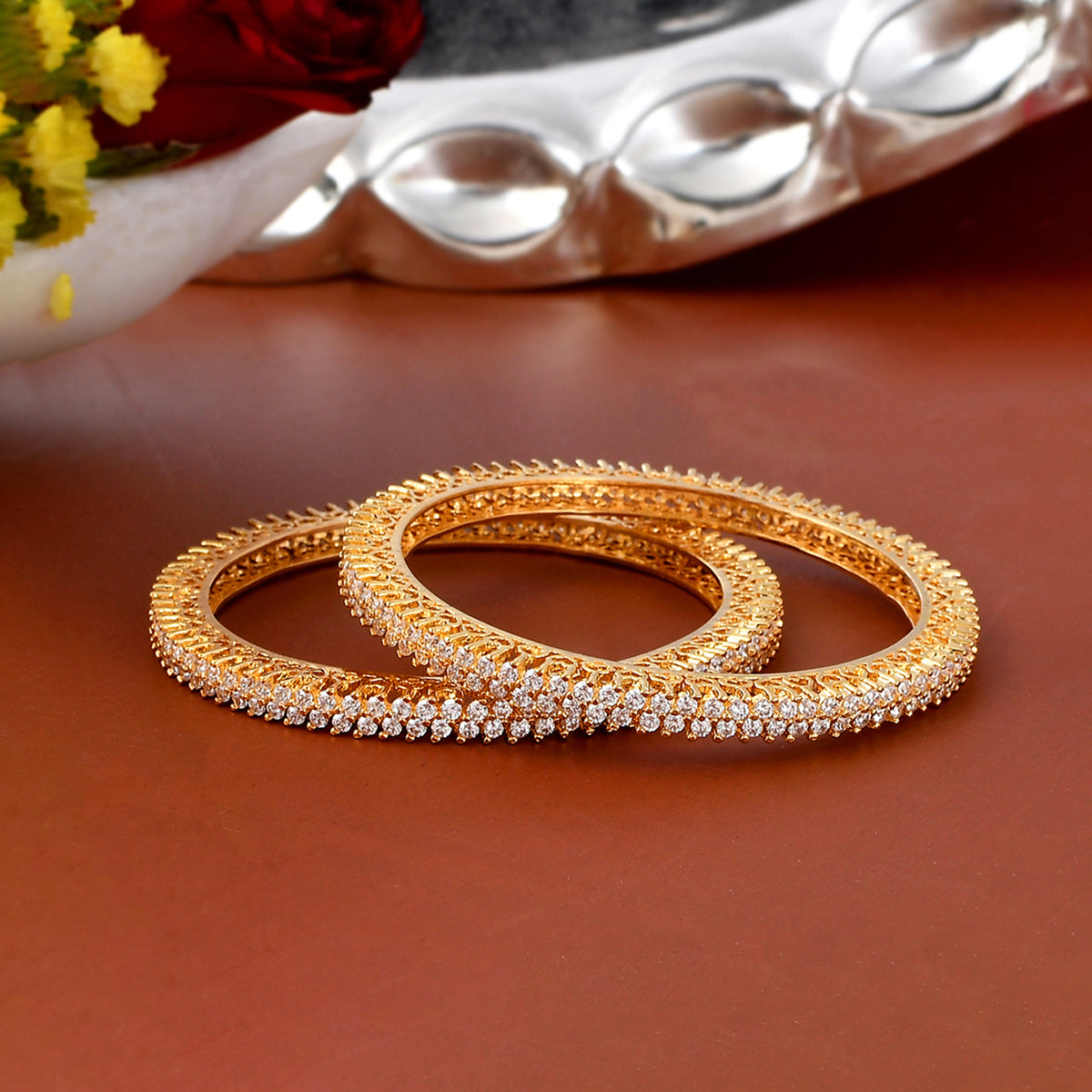 Women's Sparkling Elegance Cz Studded Gold Bangles - Voylla