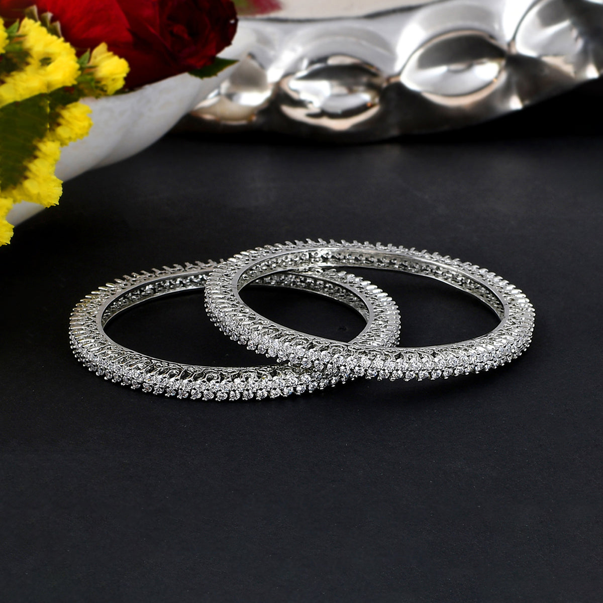 Women's Sparkling Elegance Cz Studded Silver Bangles - Voylla