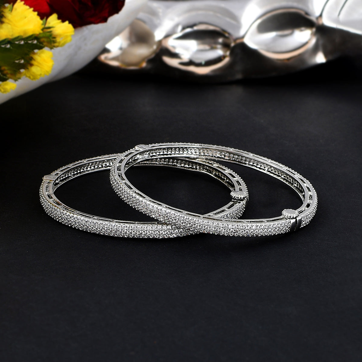 Women's Sparkling Elegance Silver Cz Studded Bangles - Voylla